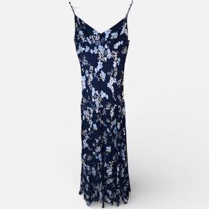 WAYF Floral Navy Blue Ruffle Flowy Fit & Flare Maxi Dress Sundress LARGE